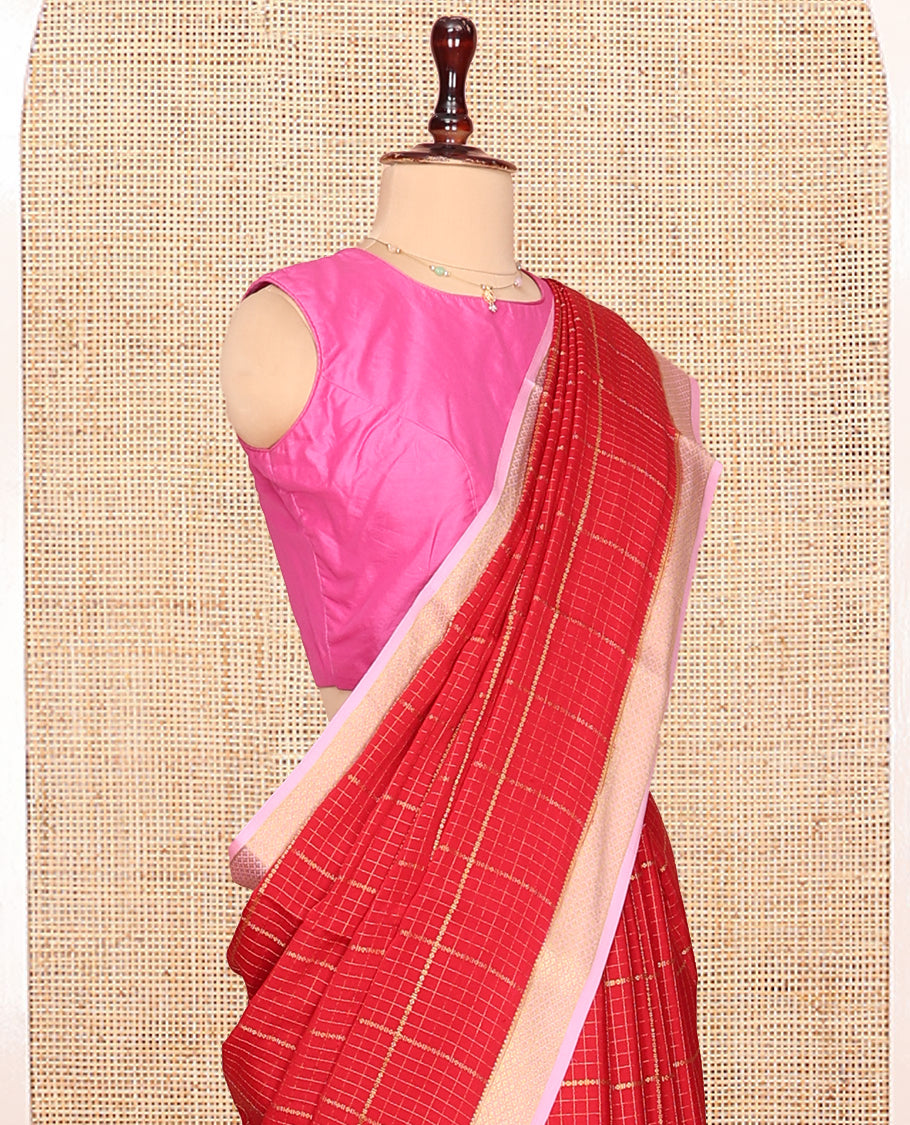 Red Mysore Silk Saree, Mesmerized with Zari Checked Design On Its Body, Complemented by Captivating Contrast Border of Traditional Zari Designs, Subtly Striped Pallu and Paired with a Contrast Blouse