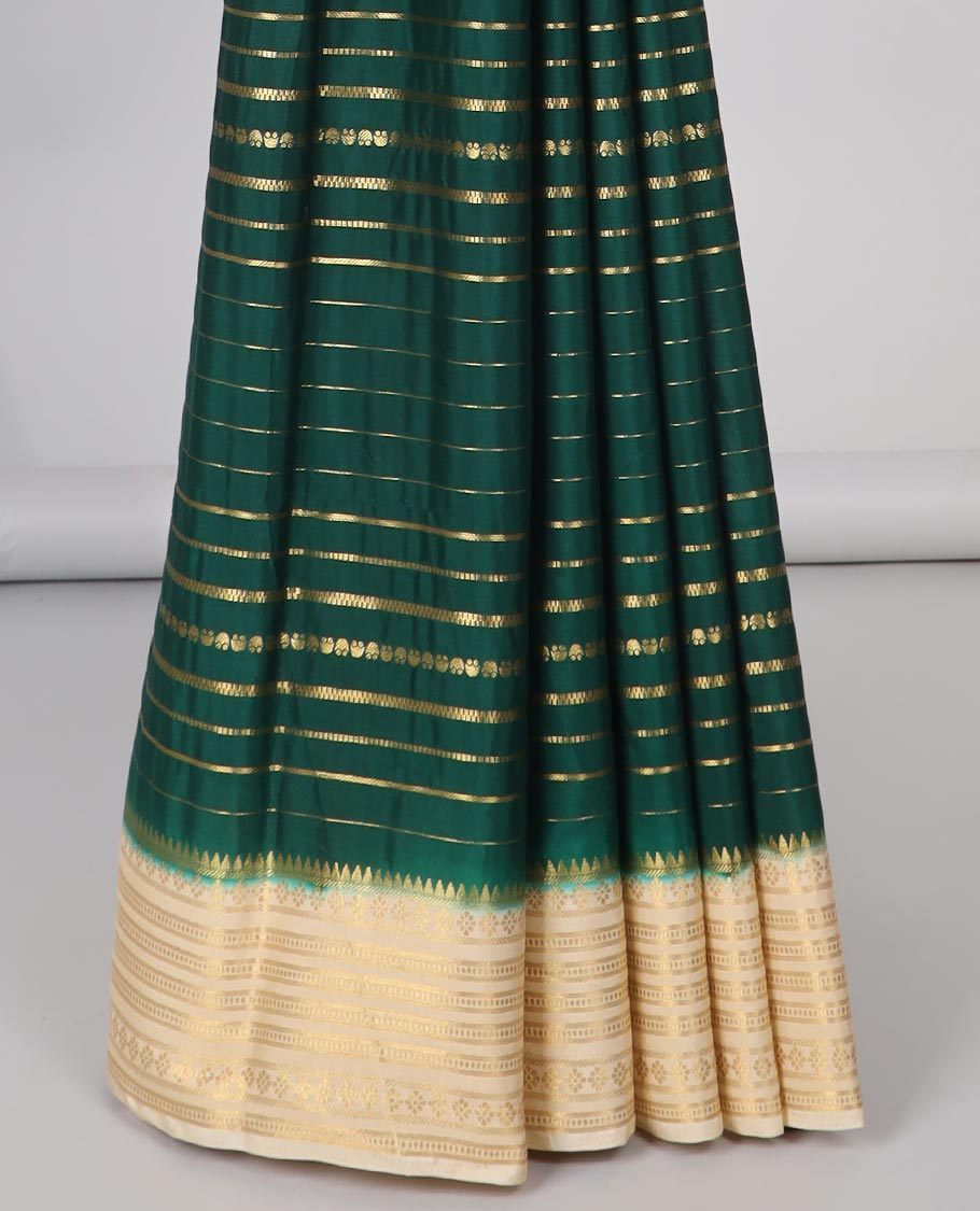 Green striped zari mysore silk saree with contrast striped zari design border & pallu of Krishna theme design
