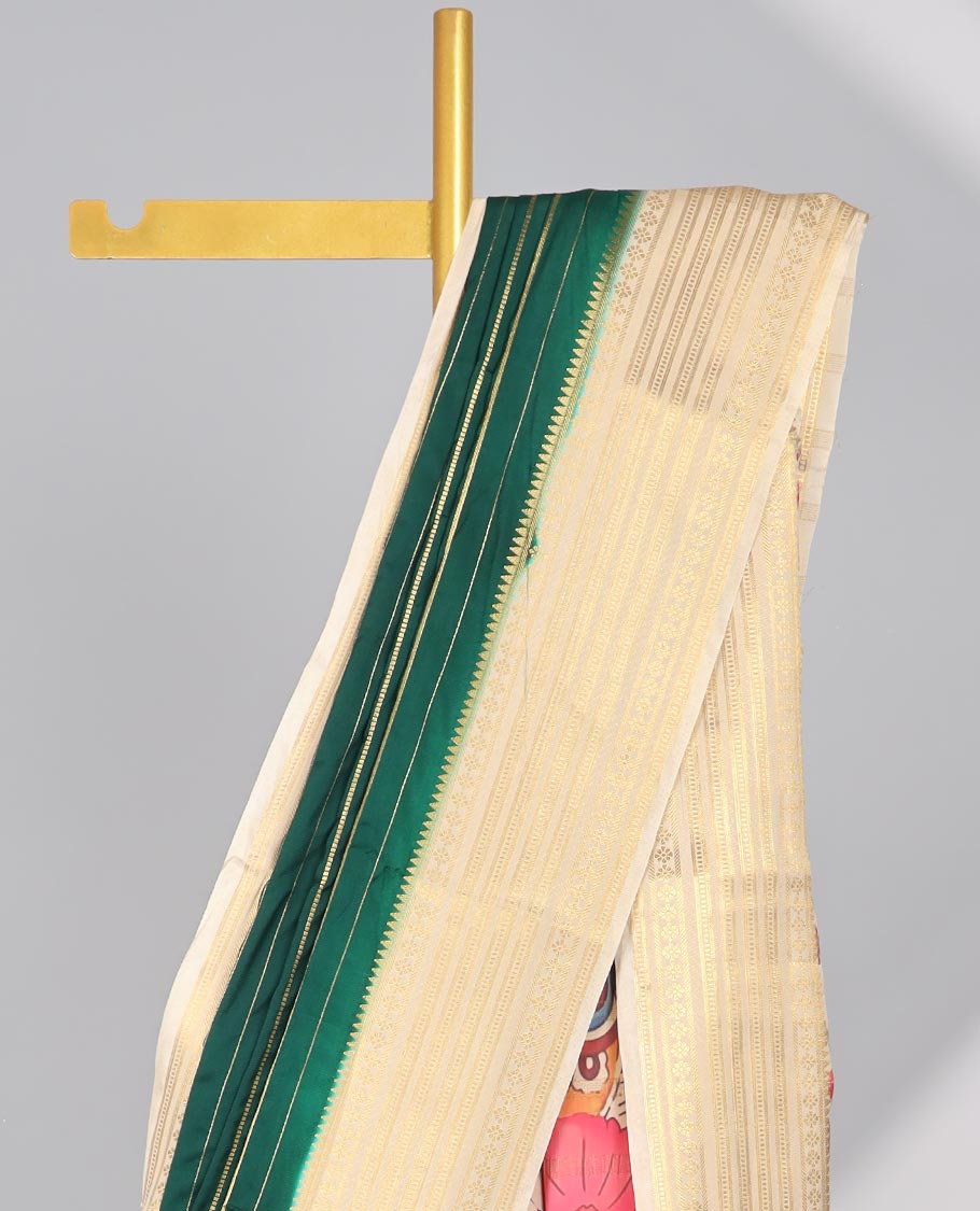 Green striped zari mysore silk saree with contrast striped zari design border & pallu of Krishna theme design