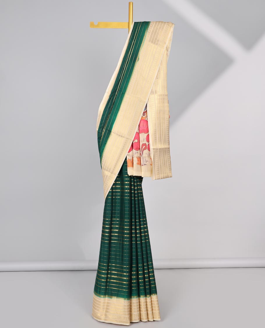 Green striped zari mysore silk saree with contrast striped zari design border & pallu of Krishna theme design