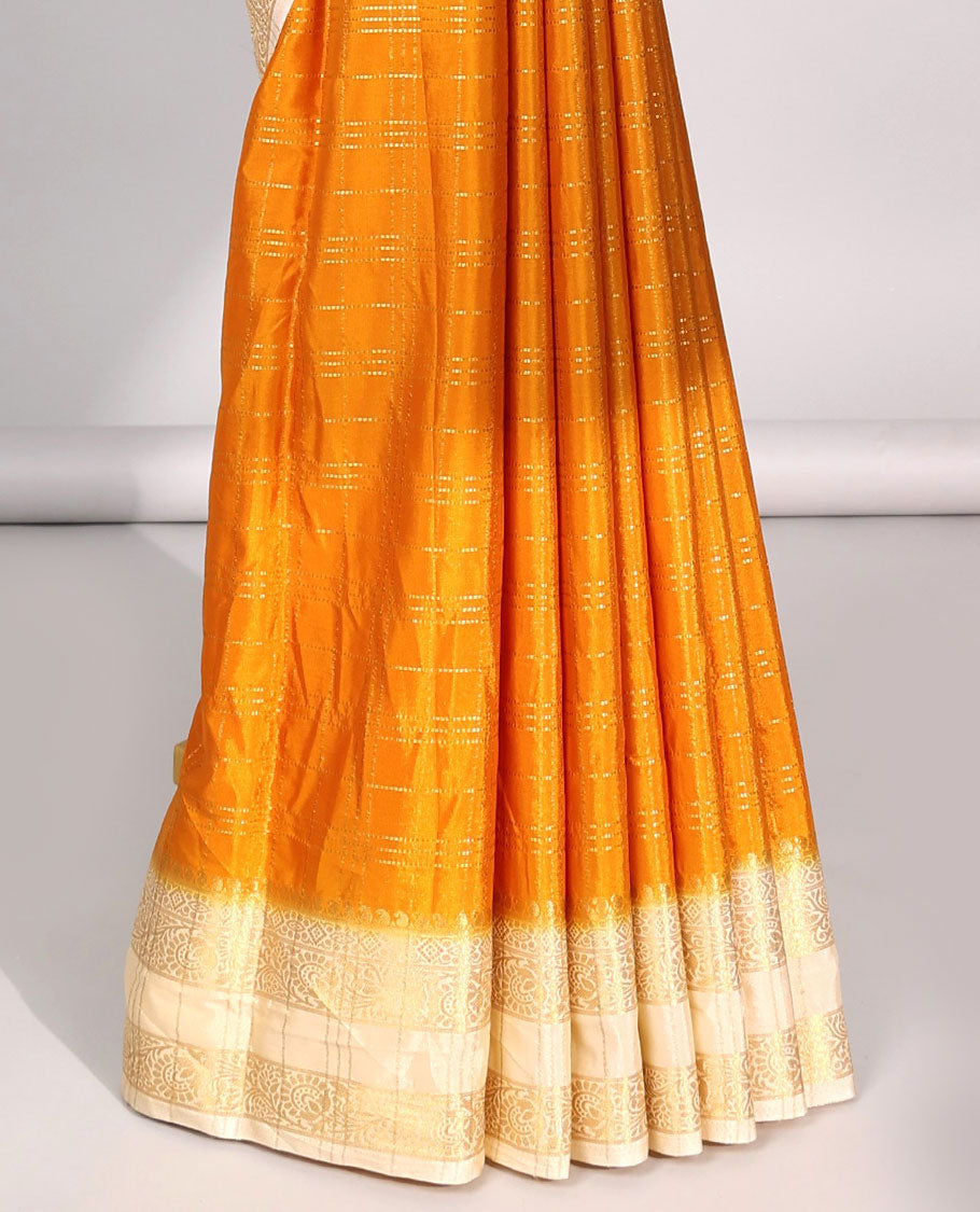 Orange checked design  mysore silk saree with contrast zari border & forest theme printed pallu