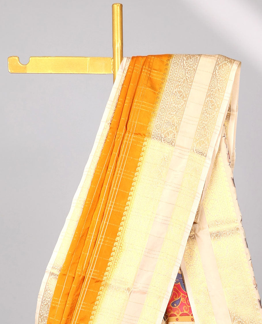 Orange checked design  mysore silk saree with contrast zari border & forest theme printed pallu