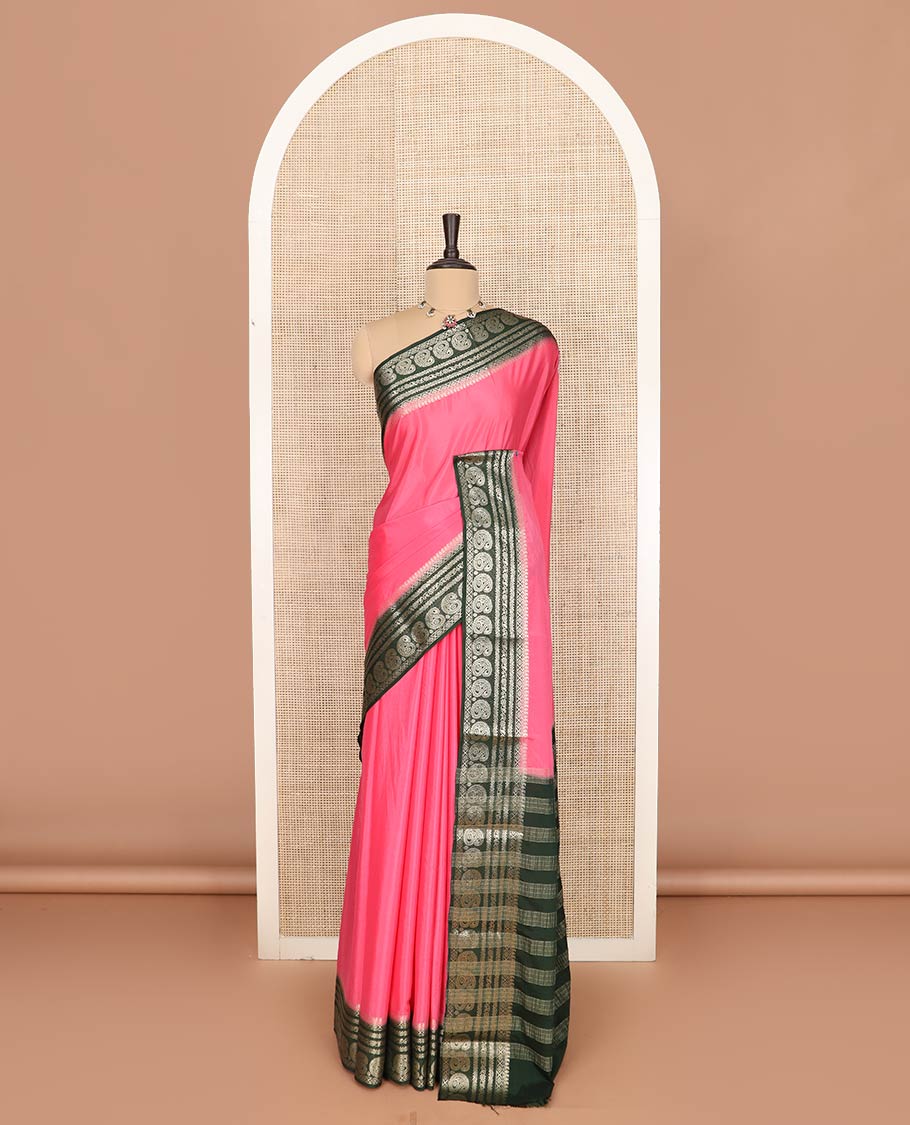 Pink plain art mysore silk saree, contrast traditional zari border of paisleys, and zari design pallu
