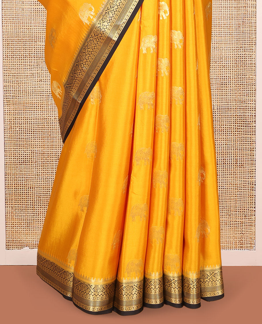 Yellow Mysore Silk Saree, Adorned with Elephant Buttas, Complemented by a Contrast Traditional Zari Border, Grand Pallu, and a Contrast Blouse