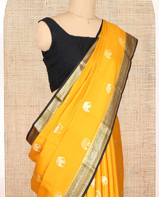 Yellow Mysore Silk Saree, Adorned with Elephant Buttas, Complemented by a Contrast Traditional Zari Border, Grand Pallu, and a Contrast Blouse