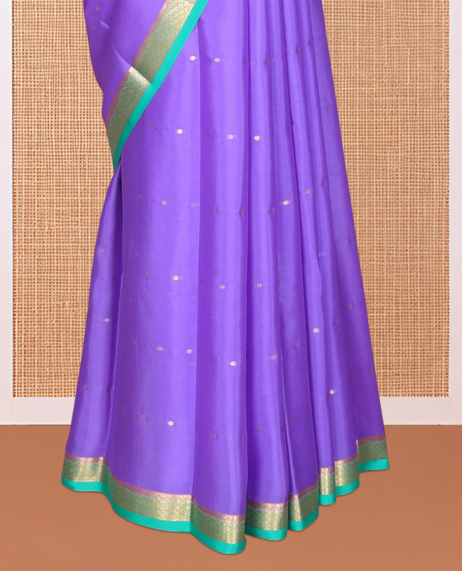 Lavender Mysore Silk Saree, Elevated with Zari Buttas, Complemented by a Contrast Traditional Zari Border, Zari Striped Pallu, and a Contrast Blouse