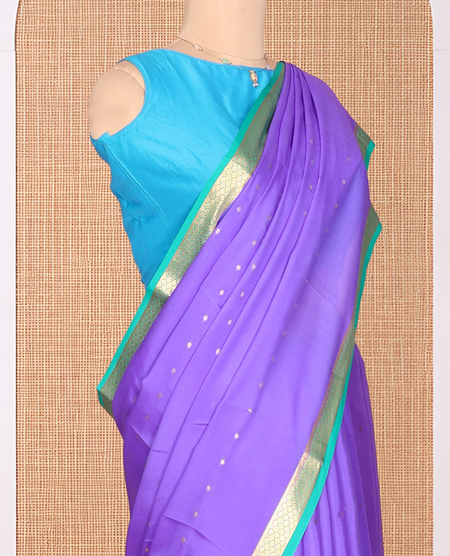 Lavender Mysore Silk Saree, Elevated with Zari Buttas, Complemented by a Contrast Traditional Zari Border, Zari Striped Pallu, and a Contrast Blouse