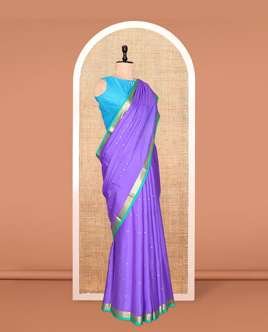 Lavender Mysore Silk Saree, Elevated with Zari Buttas, Complemented by a Contrast Traditional Zari Border, Zari Striped Pallu, and a Contrast Blouse