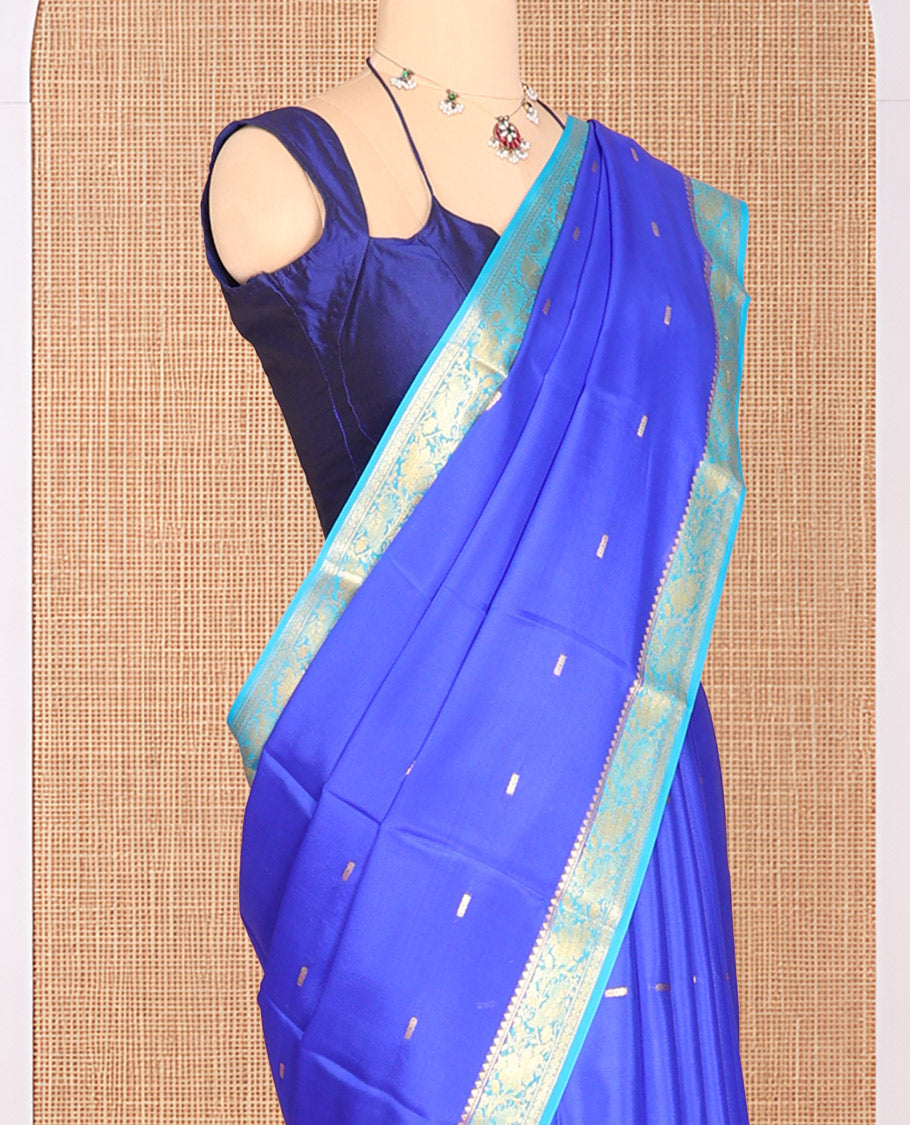 Royal Blue Zari Buttas Mysore Silk Saree, Complemented by a Contrast Floral Zari Border, Zari Design Pallu, and a Contrast Blouse