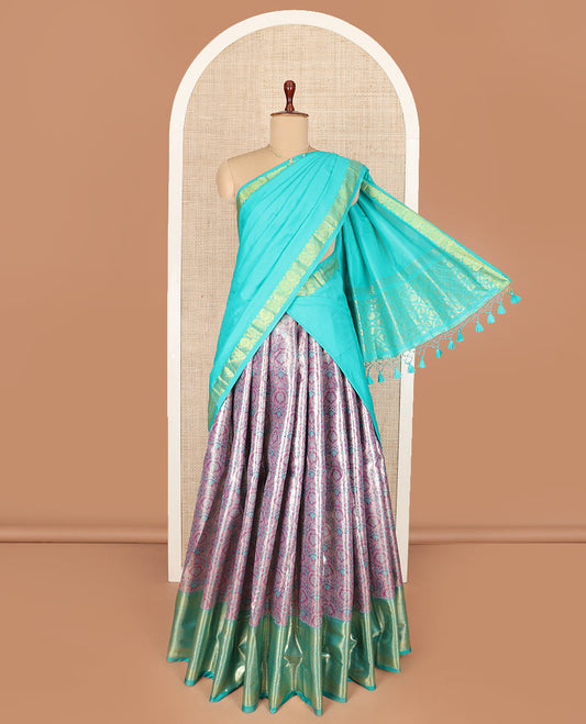 Lavender jacquard art silk half-saree saree with contrast traditional bordered skirt, contrast jacquard blouse, and a contrast jaal patterned dhavani