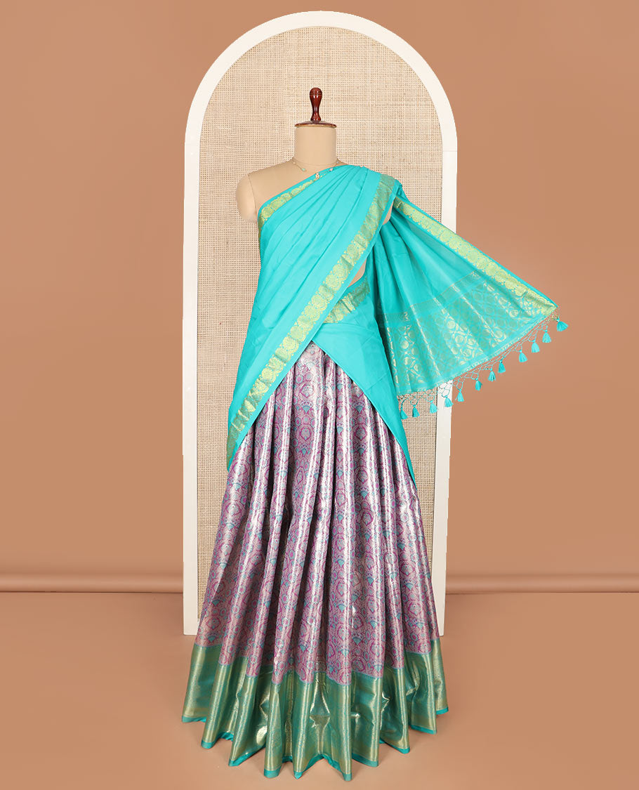 Lavender jacquard art silk half-saree saree with contrast traditional bordered skirt, contrast jacquard blouse, and a contrast jaal patterned dhavani