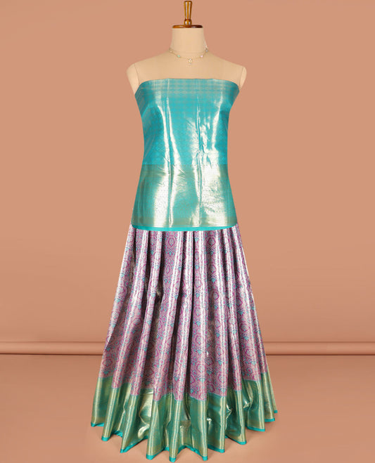 Lavender jacquard art silk half-saree saree with contrast traditional bordered skirt, contrast jacquard blouse, and a contrast jaal patterned dhavani