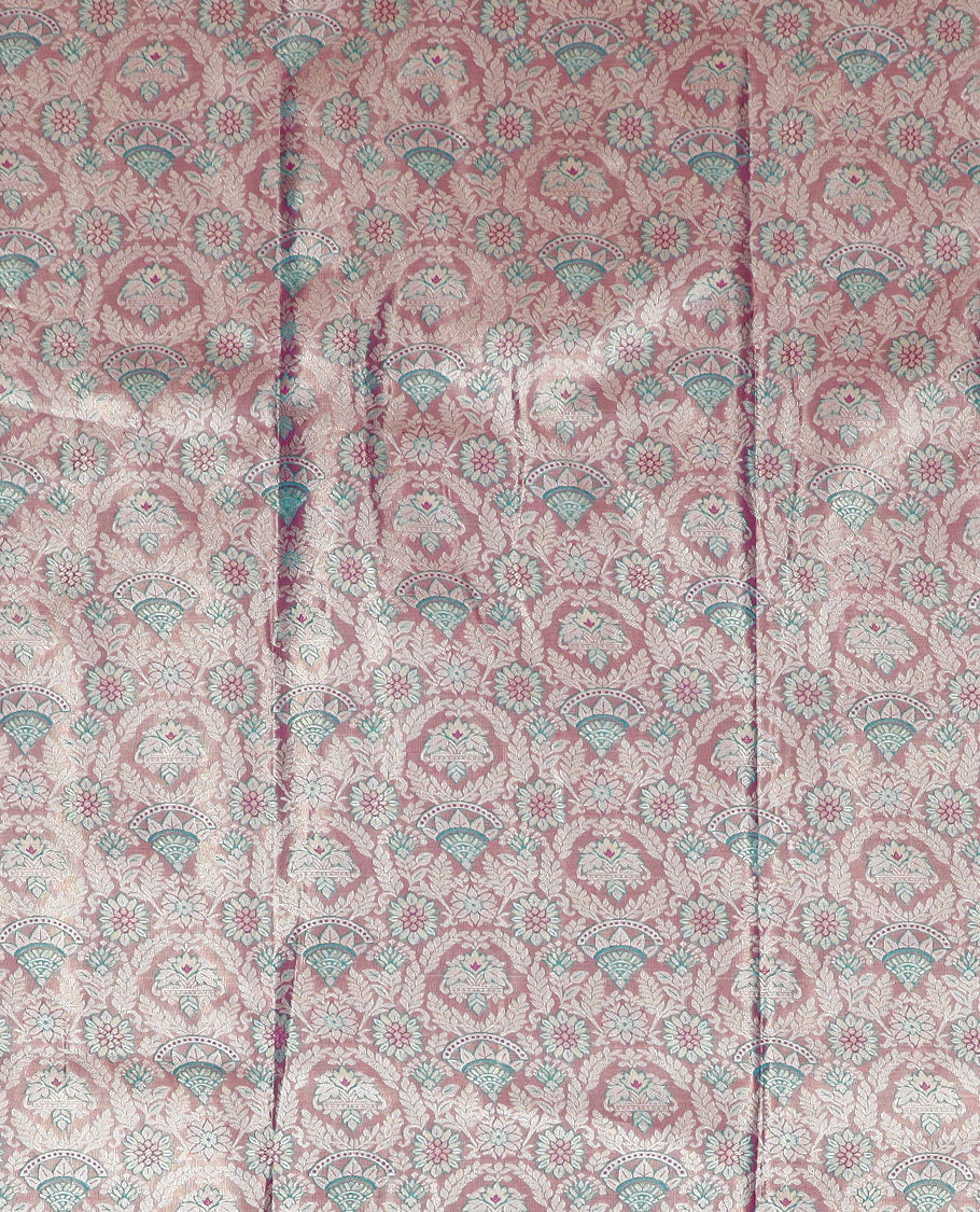 Lavender jacquard art silk half-saree saree with contrast traditional bordered skirt, contrast jacquard blouse, and a contrast jaal patterned dhavani