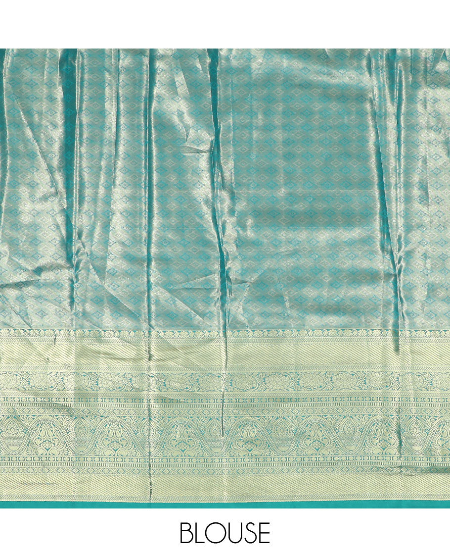 Lavender jacquard art silk half-saree saree with contrast traditional bordered skirt, contrast jacquard blouse, and a contrast jaal patterned dhavani