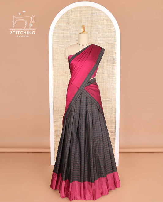 Black checked poly-cotton half saree with contrast border, plain blouse & red plain, checked border dhavani
