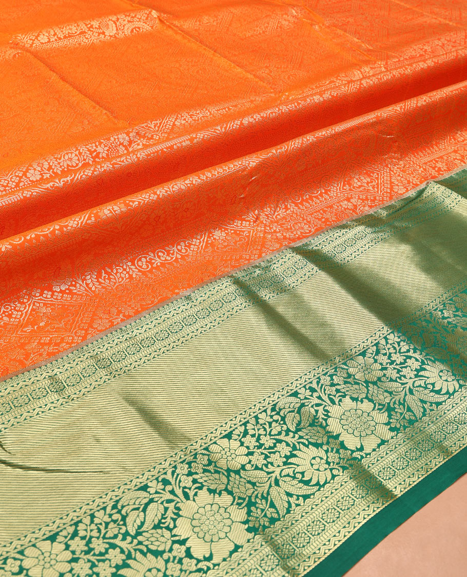 Orange Art Silk Material Half Saree Set, Bedecked with Jacquard Skirt, a Contrast Traditional Zari Border, Contrast Blouse, and an Intricate Dhavani