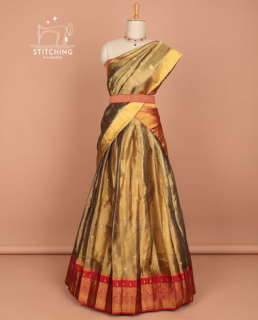Brown zari buttas art silk half saree with contrast zari red border, zari checked design blouse & intricate zari design dhavani