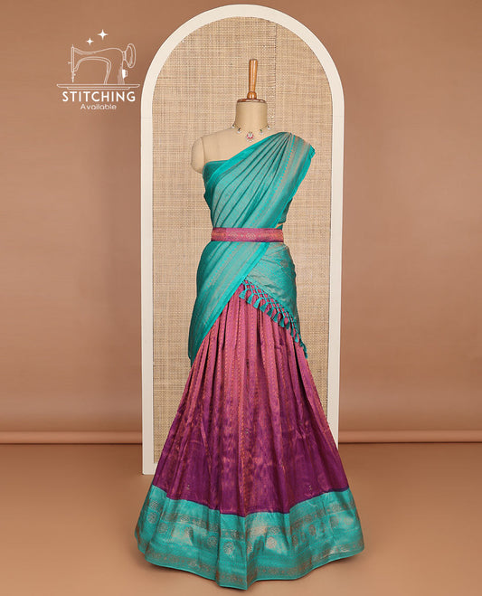 Pink floral jacquard half saree with contrast zari design border, zari design blouse & floral zari design dhavani