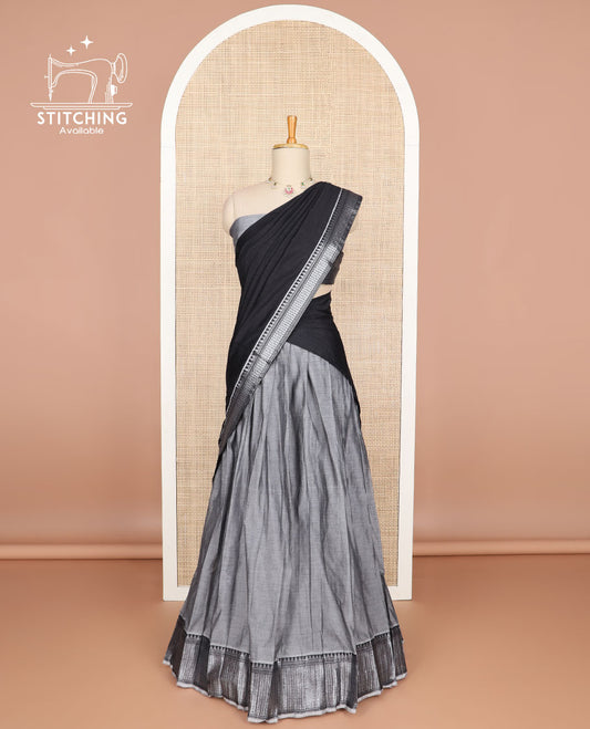 Grey cotton half saree with contrast zari design border, zari design blouse & plain, zari design border dhavani