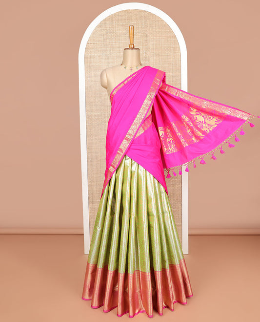Light green floral jacquard design art silk half saree with contrast intricate zari design border, zari design blouse & floral design dhavani