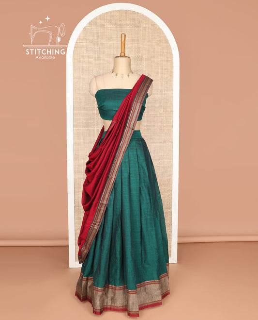 Green cotton half saree with contrast intricate zari design border, zari design blouse & zari design border dhavani