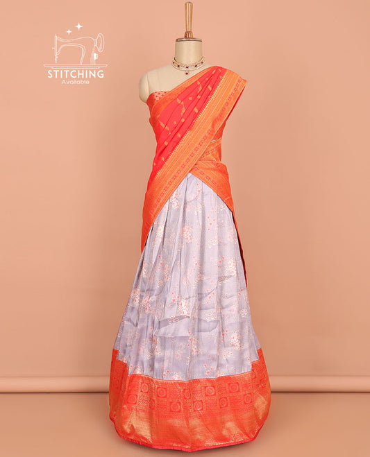 Grey floral printed art silk half saree, contrast traditional design border, jacquard blouse & intricate dhavani