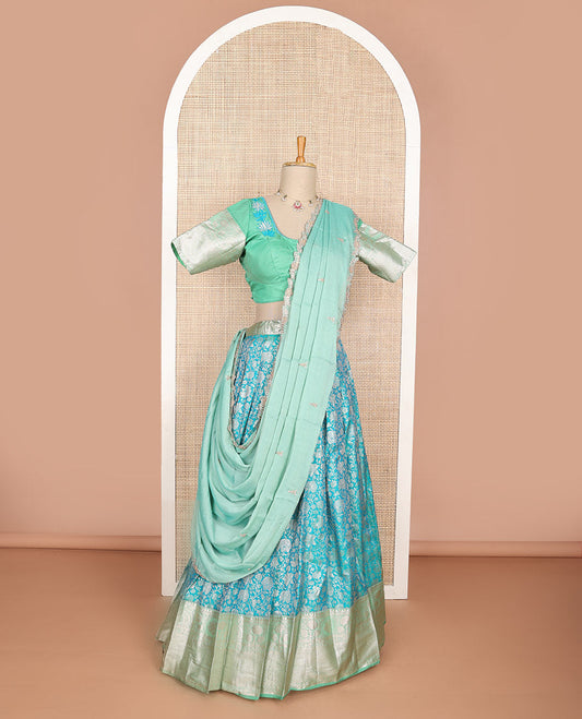 Blue floral jaal design art silk half saree with contrast zari design border, embroidered blouse & floral embroidery dhavani
