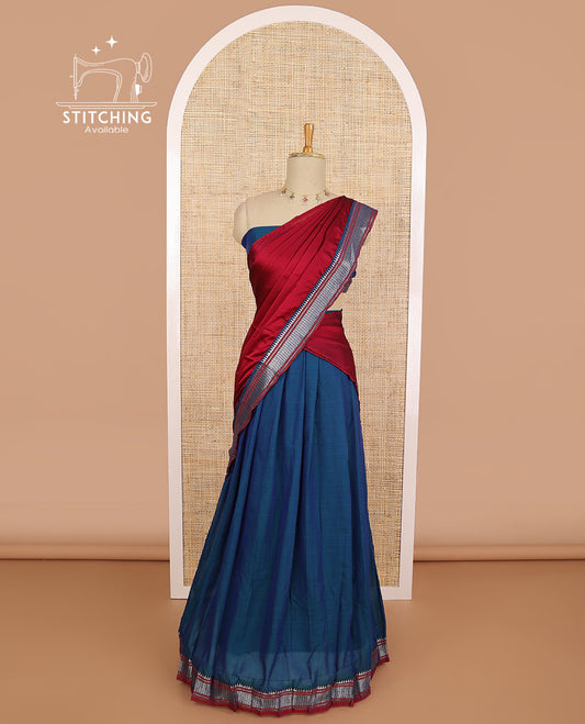 Blue cotton half saree with contrast intricate zari design border, zari design blouse & plain, zari design border dhavani
