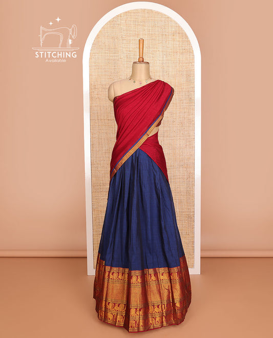 Dark blue cotton half saree with contrast traditional zari design border, zari design blouse & plain, zari design border dhavani