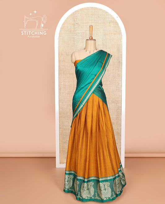 Mustard cotton half saree with contrast peacock design border, zari design blouse & plain , zari design border dhavani