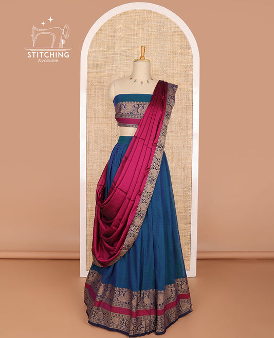 blue cotton half saree with reetai pettu design border, peacock design blouse & floral design boder dhavani