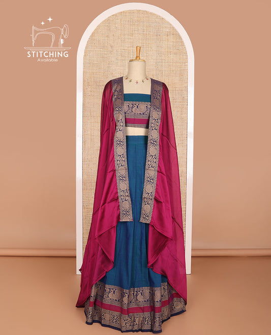 blue cotton half saree with reetai pettu design border, peacock design blouse & floral design boder dhavani