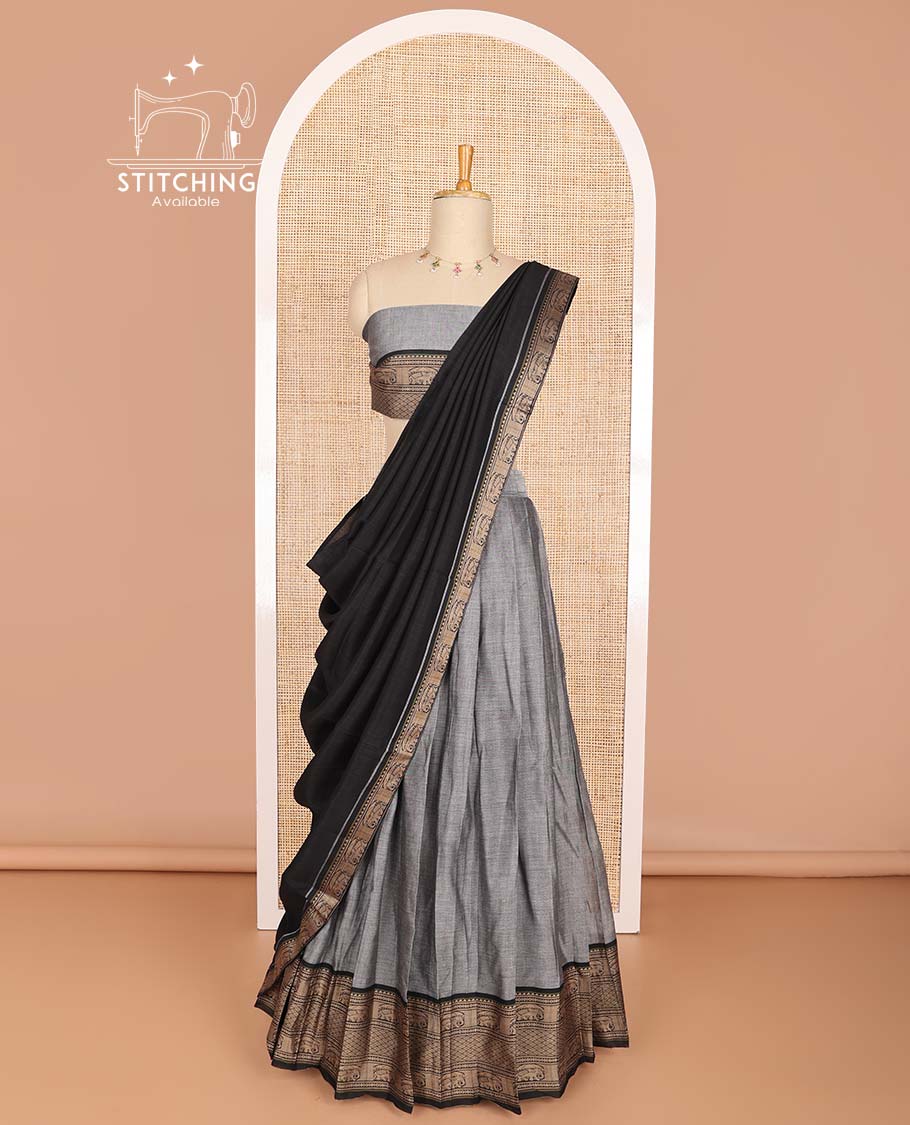 Grey cotton half saree with contrast intricate zari design border, zari design blouse & temple, elephant design dhavani