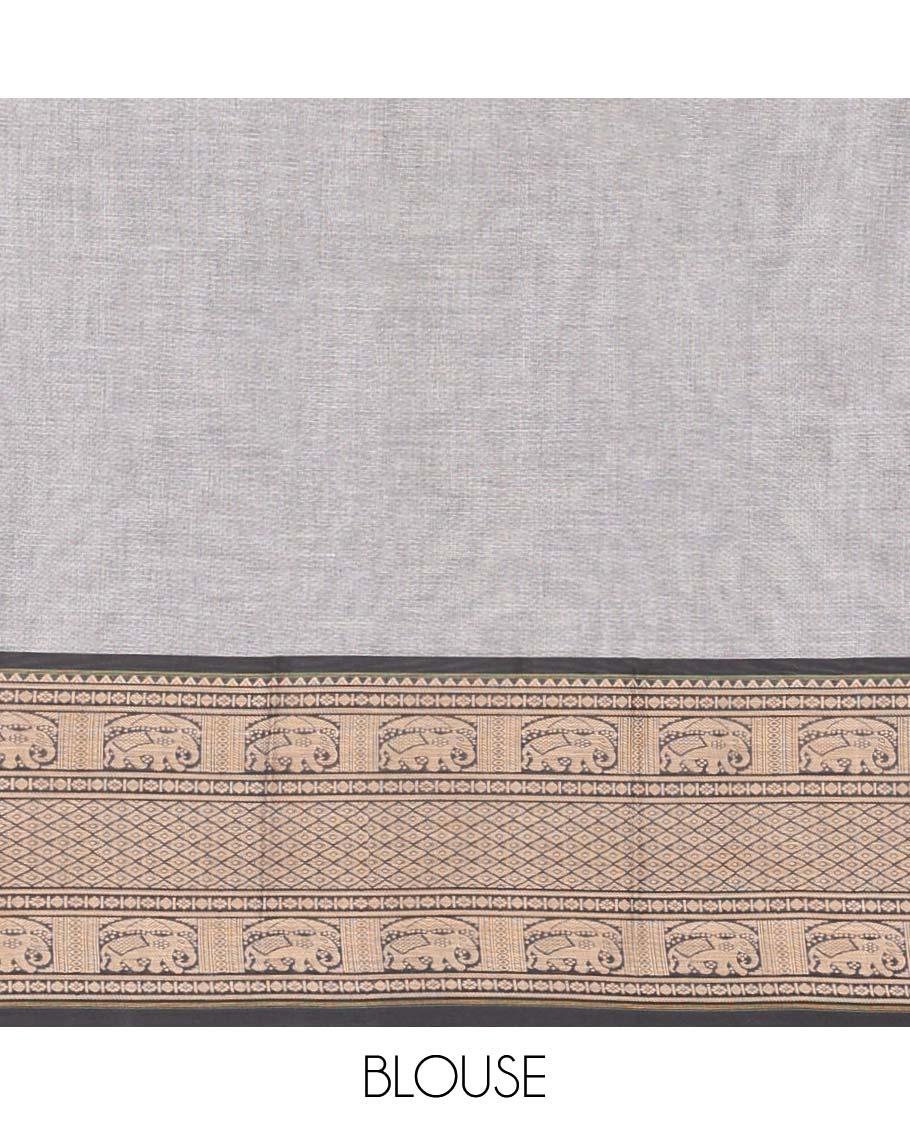 Grey cotton half saree with contrast intricate zari design border, zari design blouse & temple, elephant design dhavani