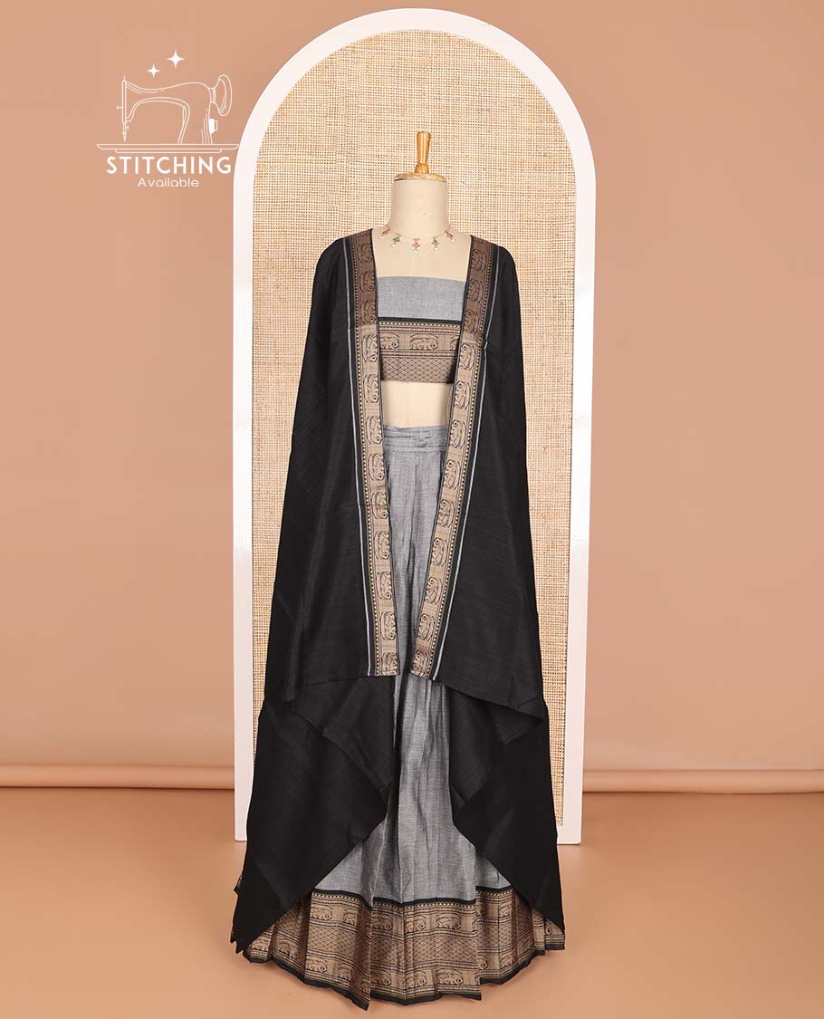 Grey cotton half saree with contrast intricate zari design border, zari design blouse & temple, elephant design dhavani