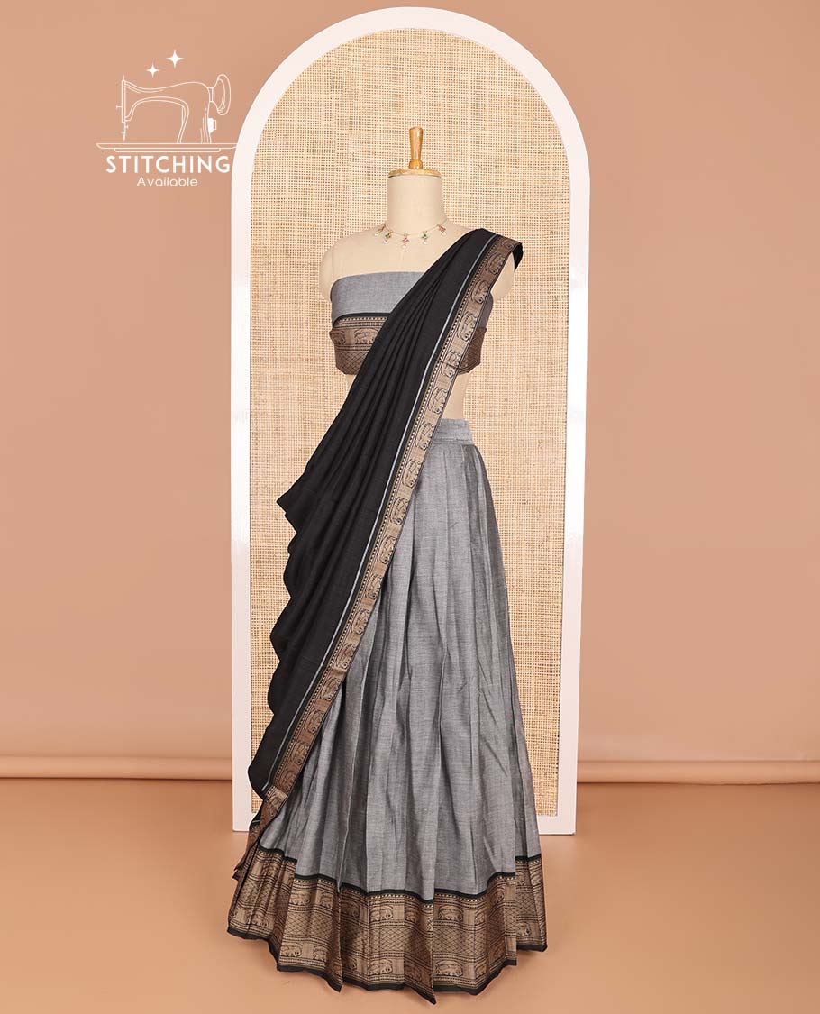 Grey cotton half saree with contrast intricate zari design border, zari design blouse & temple, elephant design dhavani