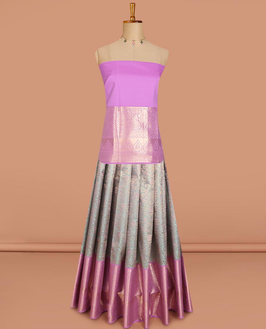Grey floral jacquard pure-mix half saree, contrast zari design dhavani, blouse & border of traditional zari designs