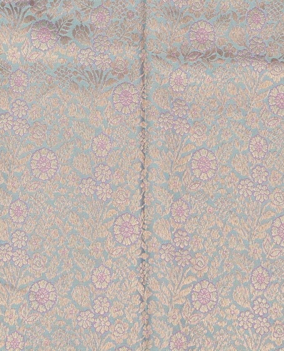 Grey floral jacquard pure-mix half saree, contrast zari design dhavani, blouse & border of traditional zari designs