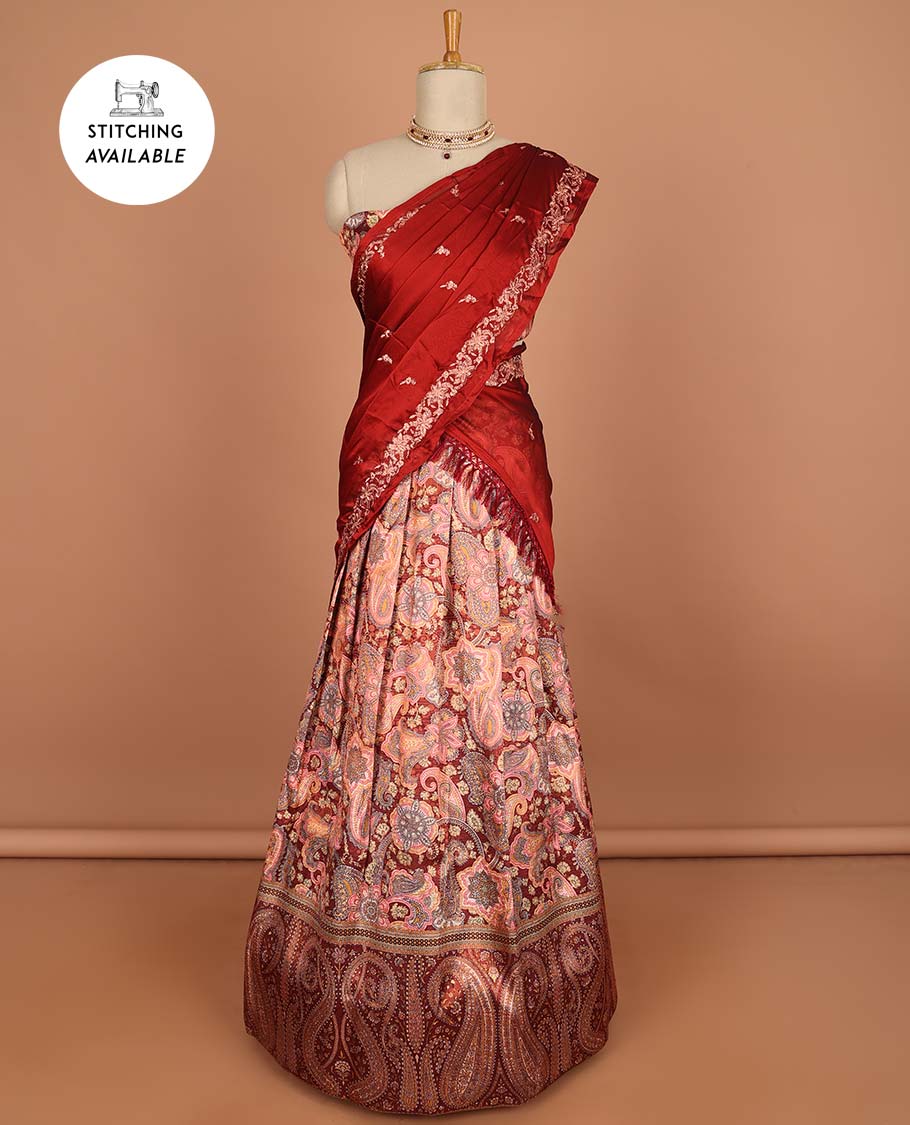 Red floral jacquard hald saree with contrast zari border , zari design blouse & floral embroidery dhavani
