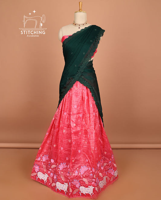 Pink pichwai design half saree with contrast border, unique design blouse & pichwai design dhavani