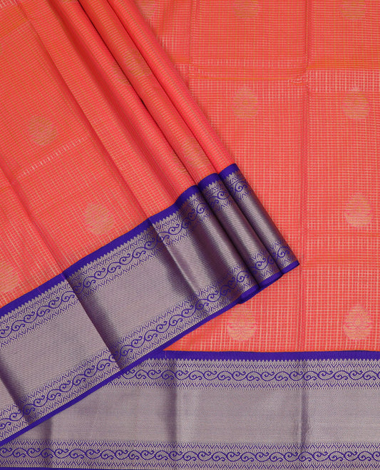 Red art silk pavadai material set, zari buttas checked pavadai, contrast blouse & contrast traditional zari border