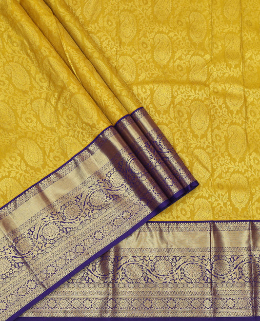 Yellow Jacquard Art Silk Pavadai Material, Ornamented with Contrast Traditional Border, Contrast Blouse