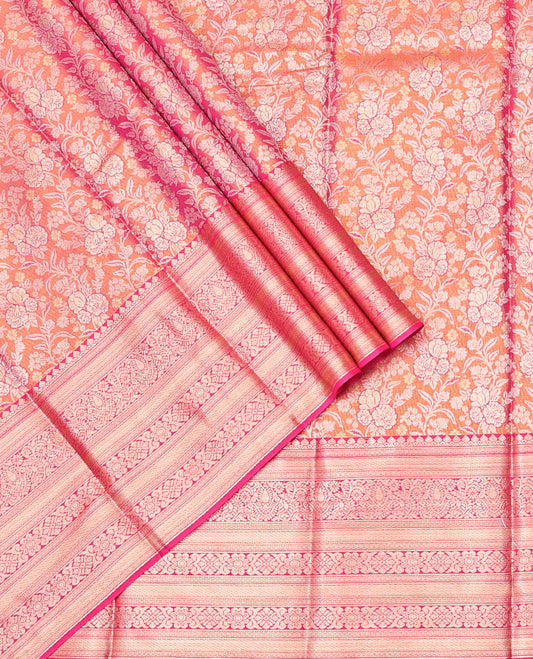Pink-Orange Art Silk Half-Saree, Enthralled with Jacquard Design, Contrast Traditional Zari Border, and Paired with a Matching Blouse
