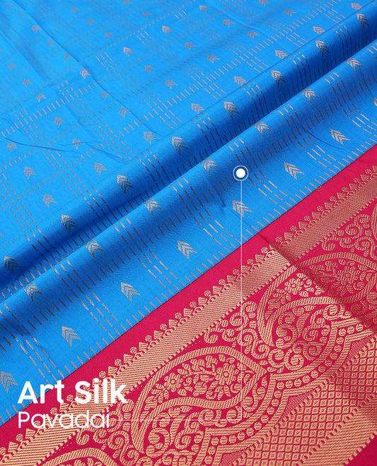 Blue art silk pavadai material, zari buttas enclosed, checked pavadai with contrast traditional zari design border & zari design blouse