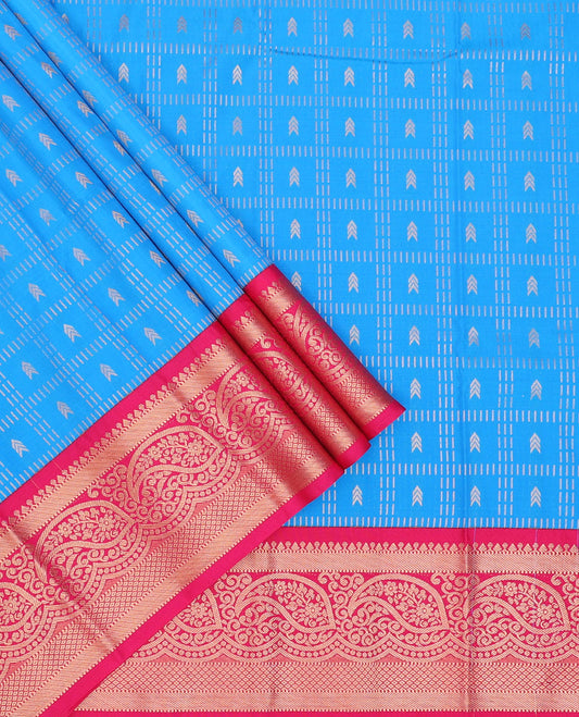 Blue art silk pavadai material, zari buttas enclosed, checked pavadai with contrast traditional zari design border & zari design blouse