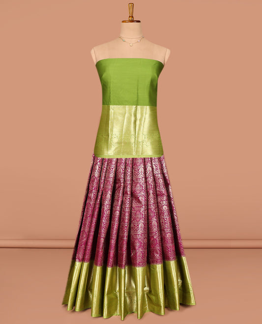 Burgundy Art Silk Pavadai Material Set, Elegantly Highlighted with Jacquard on Its Skirt, Complemented by a Contrast Traditional Zari Designs Border, and Paired with a Contrast Blouse