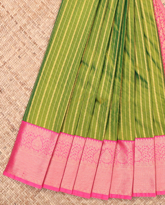 Green Budget Silk Saree, Steeped in Richness of Zari Stripes, Complemented by a Contrast Traditional Zari Border, Grand Pallu, and a Contrast Blouse
