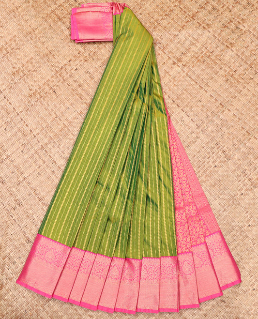 Green Budget Silk Saree, Steeped in Richness of Zari Stripes, Complemented by a Contrast Traditional Zari Border, Grand Pallu, and a Contrast Blouse