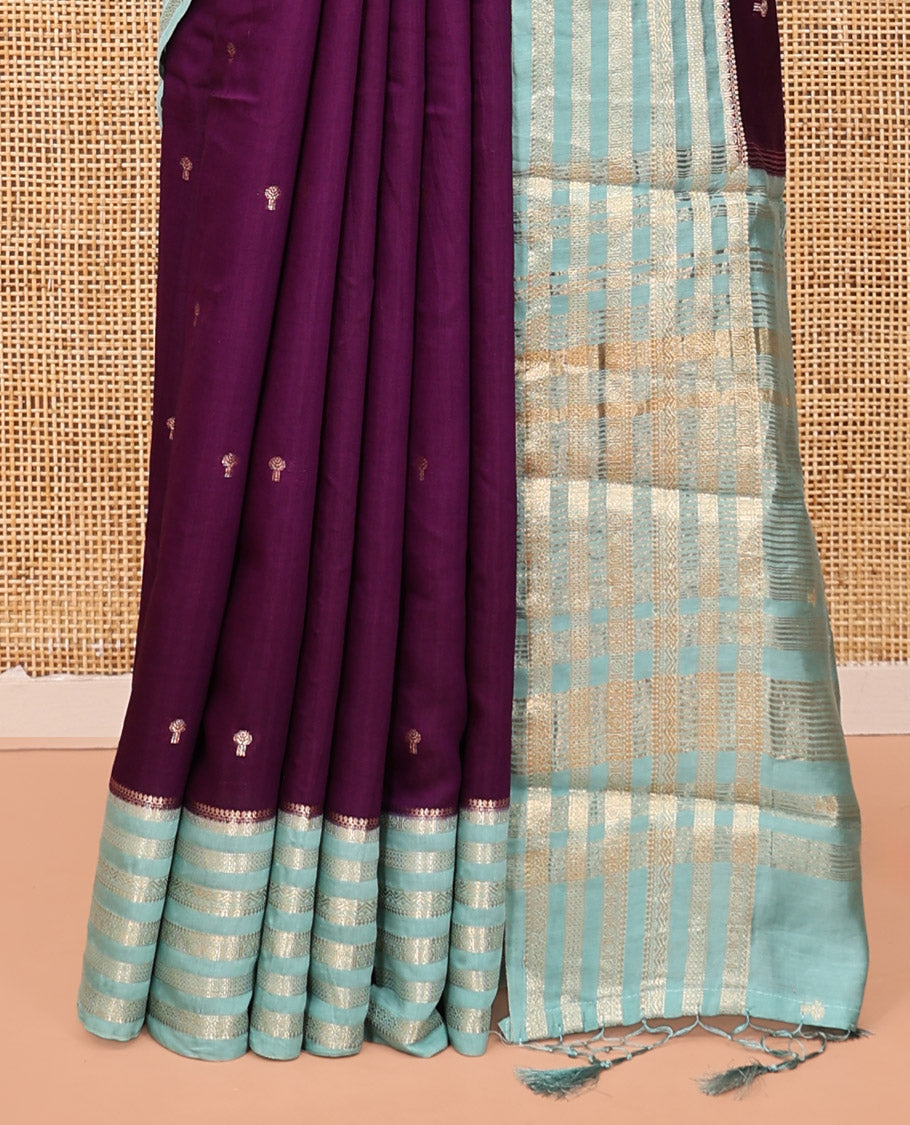 Purple Assam Silk Saree, Adorned with Zari Buttas, Complemented by Contrast Traditional Zari Border, Striped Pallu, and a Contrast Blouse