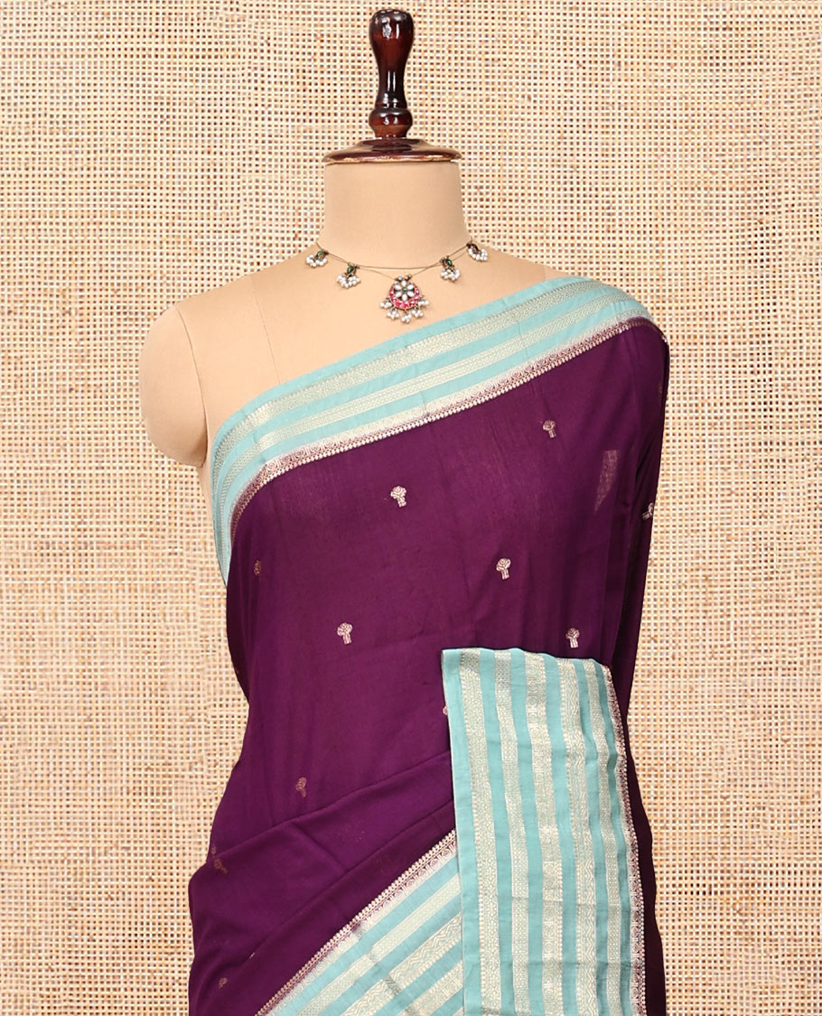 Purple Assam Silk Saree, Adorned with Zari Buttas, Complemented by Contrast Traditional Zari Border, Striped Pallu, and a Contrast Blouse